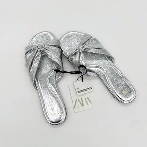 ZARA Silver Metallic Knot Detail Slide Sandal 6 (36), 6.5 (37) NWT